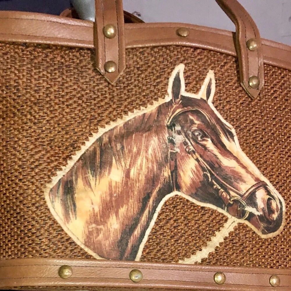 Woven vintage hardbody Brown bucket Tote Bag with Horse Motif